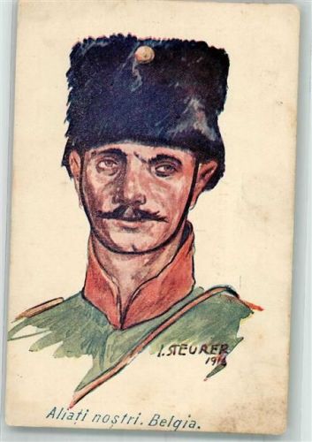1914 sign. Steurer Belgischer Soldat mit Fellmütze WK I