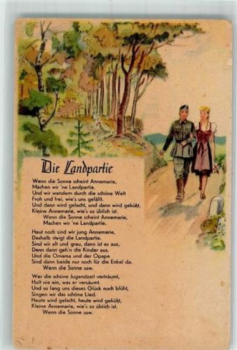 Landser in Uniform mit seiner Liebsten am Arm Text des Liedes Die Landpartie Verlag Grieshaber & Säuberlich 461