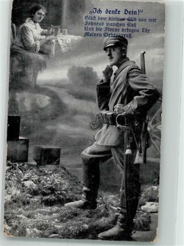 1916 Deutscher Landser in Uniform mit Säbel und Karabiner denkt an seine Liebste daheim Fotostudioaufnahme Feldpost Trier Zensurstempel