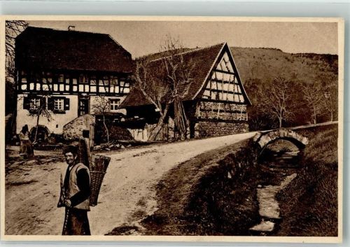 Schwarzwald Studien Nr. 14 Dorfpartie Mann mit einer Kiepe Volksleben Schwarzwald