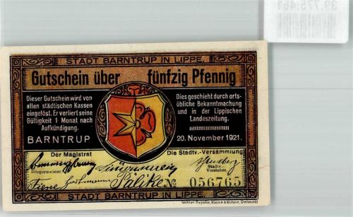 Barntrup 1921 50 Pfennig Gutschein No. 056765 Altes Rathaus m. Kirche