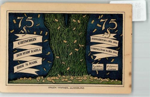 Kahla 1921 75 Pf. Gutschein über 3/4 Mark Nr. 030253