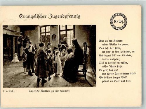 1933 sign. Uhde Junger Geistlicher empfängt eine Kinderschar Evangelischer Jugendpfennig Verlag Hermann A. Wiechmann