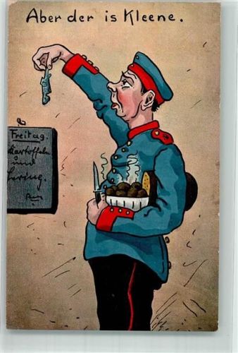 1911 Deutscher Soldat mit winzigem Hering zwischen den Kartoffeln Verlag Vitus Noever 562 Maschinenstempel