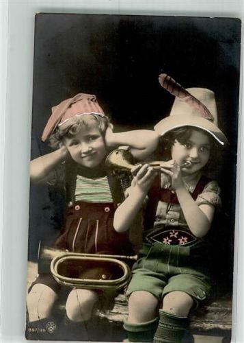 1914 Nr. 897/98 Kind in Tracht bläst ins Horn Humor