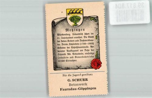 Metzingen Wappenmarke mit Chronik Deutscher Heimatdienst Nr. 321 Schurr Betonwerk