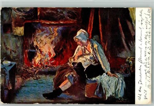 1910 Serie I, 6 sign. v. Bartels Am Morgenfeuer offene Feuerstelle im Bauernhaus