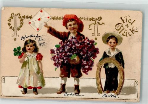 1906 Prägedruck Kinder wünschen viel Glück mit Veilchen Glücksklee Brief Jugendstil