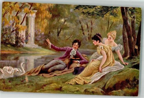 sign. F. Arno Am Teich, 2 Frauen Schwäne