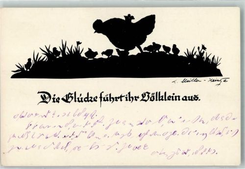 Huhn Küken sign. Müller Heinze Spruch