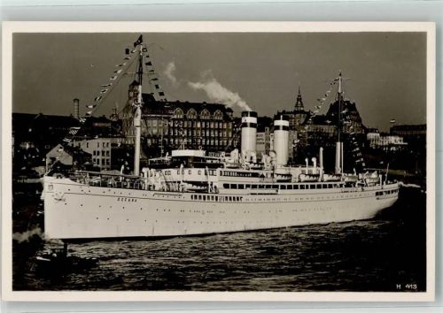 Hamburg Hapag Oceana im Flaggenschmuck Ausreise Stempel: Kraft durch Freude 1937 Bordstempel