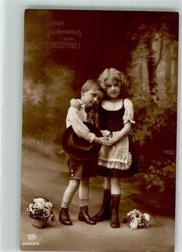 1914 Serie 09625-3 Geschwister Kinder Blumenstrauß Geburtstag