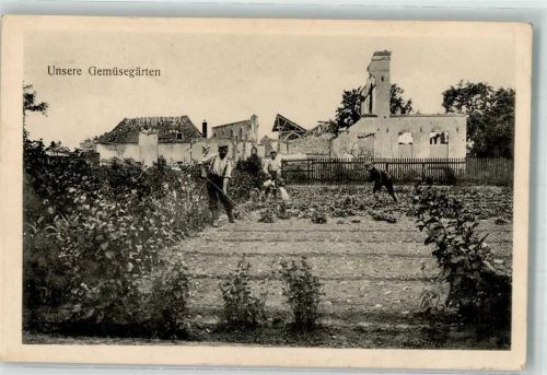 1916 Landser bei der Gartenarbeit im Gemüsebeet vor Ruinen WK I