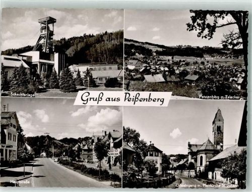 82380 W8123 Peißenberg Foto AK Schachtanlage Bergbau Hauptstraße Pfarrkirche St. Johann Fotograf Bindl