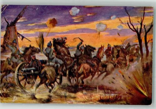 1916 sign. Kiesslich Vorgehende deutsche Feldartillerie im Granatfeuer Künstlerkarte HWB 667 Feldpost Augsburg