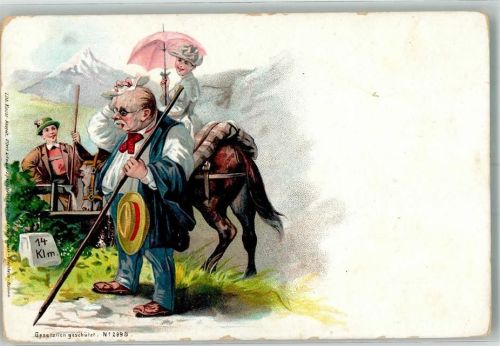 1899 Dicke Menschen , Frau sitzt auf einem Esel