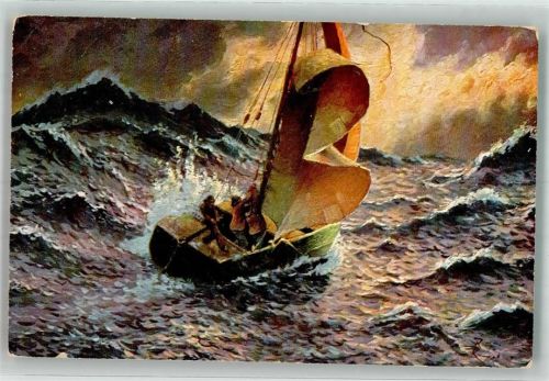 Kleines Segelboot in einem schweren Sturm Verlag Rehn & Linzen No. 2090 Naturereignis Künstlerkarte