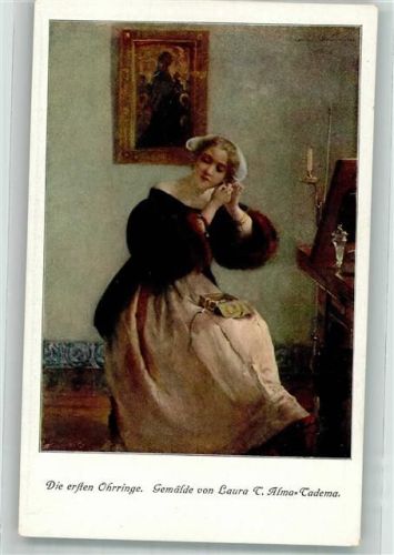 Neujahrskarte Frau Schmuckkasten, die ersten Ohrringe sign. Laura Alma Tadema AK