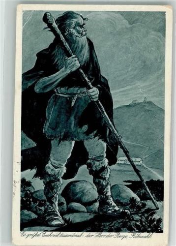 1935 Der Herr der Berge im Fellumhang mit Wanderstock Künstlerkarte