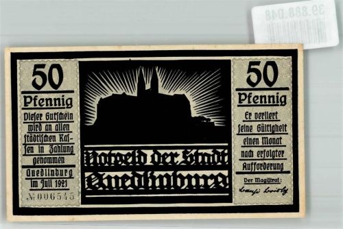 Quedlinburg 1921 50 Pfennig Gutschein No. 006545