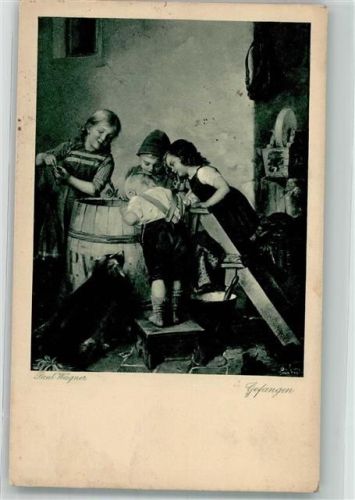 1917 sign. Wagner, Paul Kinder betrachten ein gefangenes Tier im Holzfass Hund Verlag Wiechmann No. 1020 Feldpost WK I