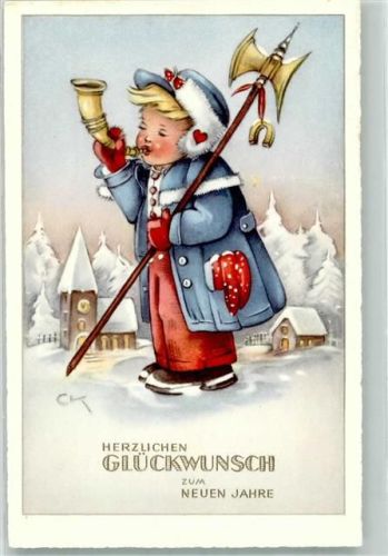 Neujahr Posthorn Hufeisen Hellebarde sign. CK verlah Haering Nr. 390