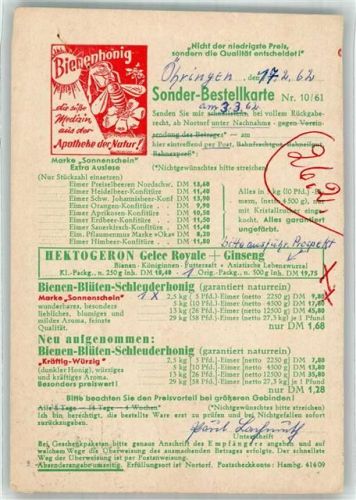 Bestellkarte Honig Nachgebühr Keine AK