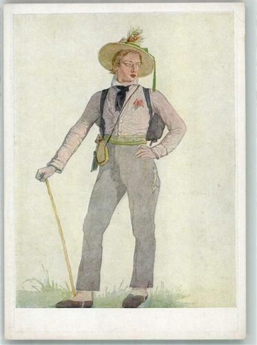 Bildnis des Malers Schilbach als Wanderer mir Rucksack Trinkflasche Strohhut von Sandhaas