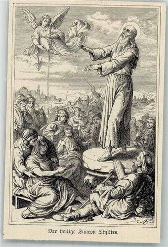 Stahlstich um 1880, der heilige simeon Stylites , segnet Kranke und Arme, Engel Christliche Persönlichkeit Heiligenbild