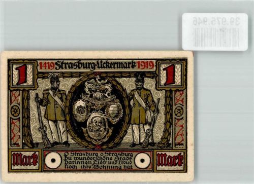 Strasburg 1919 Gutschein über eine Mark Volksschule Ev. Kirche Stadtwappen