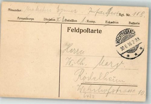 Wächtersbach 1916 Feldpost WK I Ort lt. Stempel