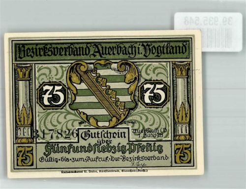 Auerbach 1921 Gutschein über 75 Pfennig Stadtwappen Scherenschnitt Landvogt vom Duft angelockt von Hans Kinder