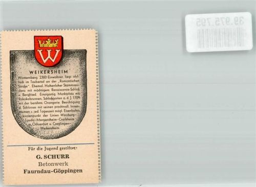 Weikersheim Wappensammelmarke mit Chronik Nr. 521 Deutscher Heimatdienst Betonwerk Schurr