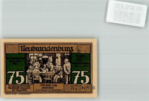 Neubrandenburg 1922 Einlösung Stadtkasse 75 Pfennig Fritz Reuter