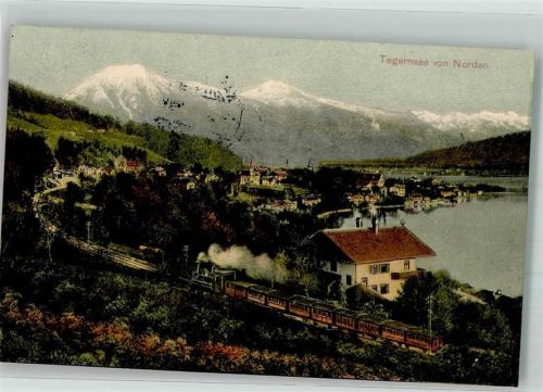 Tegernsee 1908 Eine Dampflokomotive oberhalb von Ort und See Verlag Lehrburger 12134