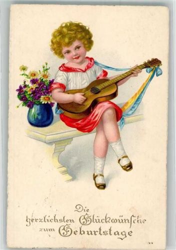 1930 Geburtstag Kind spielt Gitarre Blumenvase Verlag EAS 1237