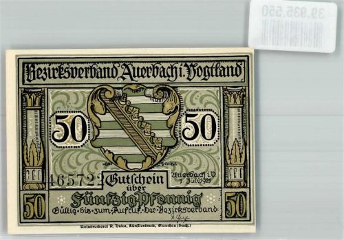 Auerbach 1921 Gutschein über 50 Pfennig Stadtwappen Scherenschnitt Landvogt von Hans Kinder
