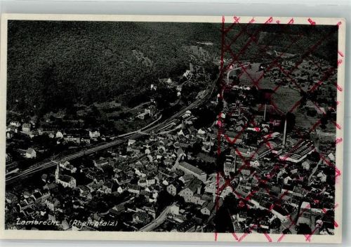 Lambrecht 1919 Fliegeraufnahme des Ortes mit Pfarrkirche Herz Jesu Zensur Farbstriche im Bild