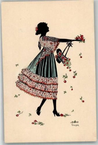 1920 sign. Torzor Schattenbild Junge Frau im Spitzenkleid läßt Rosen regnen