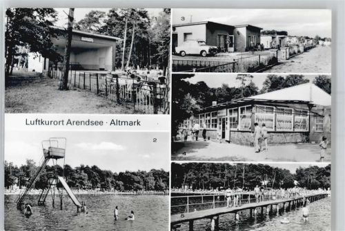 Arendsee Musikpavillion, Blick zum Strand, Bungalowsiedlung, HO- Strandgaststätte, Bad
