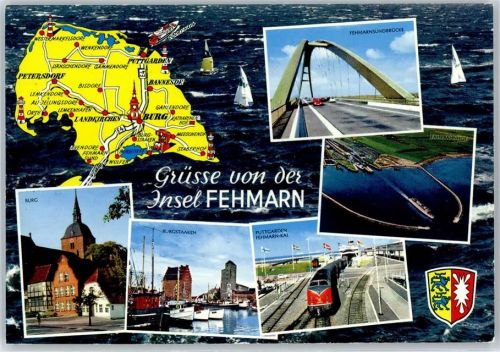 Fehmarn Burg, Burgstaaken, Fehmarnsund-Brücke, Fährbahnhof, Wappen, Fehmarn-Kai, Eisenbahn, Übersichtskarte