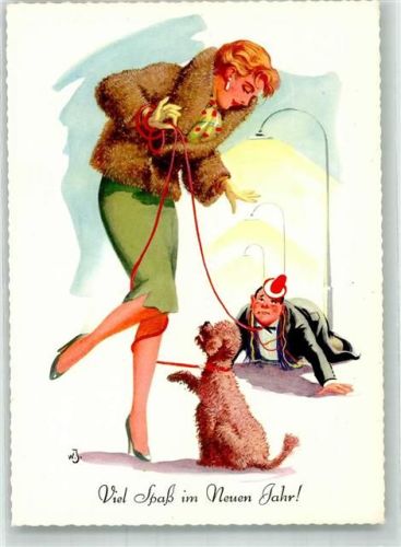 Neujahr Elegante Frau mit ihrem Hund und dem Mann an der Leine Humor