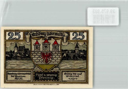Strasburg 1921 Gutschein über fünfundzwanzig Pfennig Rathaus Stadtwappen