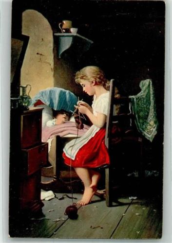Nr. 29086 Johann Georg Meyer : das kleine Mütterchen Kind beim Stricken
