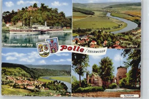 37647 W3453 Polle , Weser - Weserdampfer, Burg, Luftbild, Gesamtansicht, Ruine