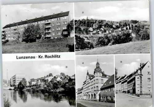 Lunzenau Neubaublock an der Erich-Weinert-Straße, Partie an der Mulde, Karl-Marx-Straße, Rathaus, Schillerstraße
