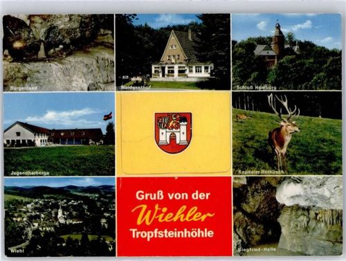 51674 W5276 Wiehl - Leporello, Tropfsteinhöhle, Waldgasthof, Schloß Homburg, Wappen, Rothirsch, Jugendherberge, Siegfried-Halle