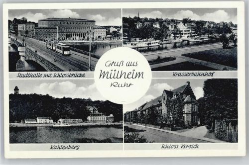 Mülheim Stadthalle mit Schlossbrücke, Kahlenberg, Schloss Broich, Wasserbashnhof