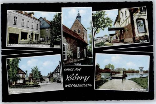 Börry Kirche, Schule, Gemischtwaren Lohmeyer, Partie an der Weser