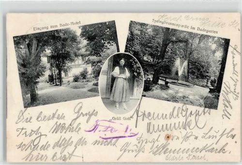 Wolfach 1907 Eingang Bade Hotel Springbrunnen im Badegarten Ort lt. Stempel